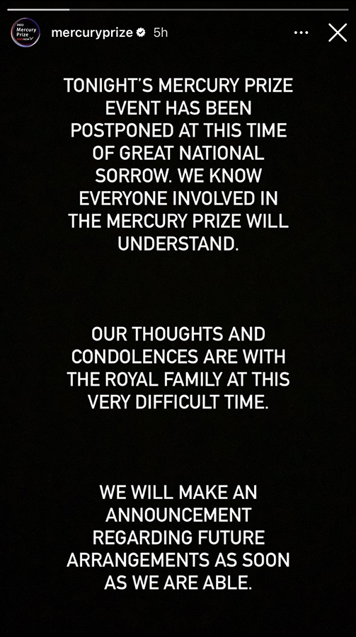 Mercury Prize postponement statement
