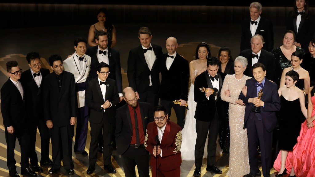 Daniel Scheinert and Daniel Kwan accept the Best Picture award for 'Everything Everywhere All at Once' at the 95th Academy Awards